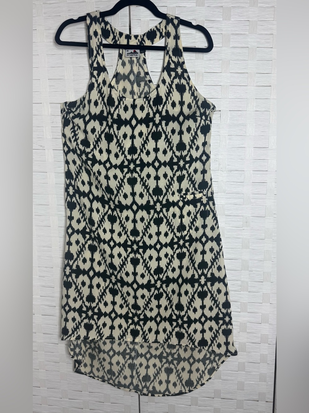 Kavu Jocelyn Ikat Black Ivory Racerback Midi High Low Sleeveless Dress Size Med - Picture 2 of 11